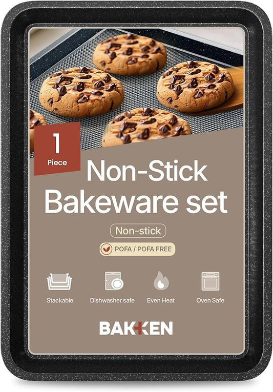 BAKKEN Kitchen Baking Pans - Nonstick Gray Coating, 13.58’’ × 9.65’’ Commercial Grade Carbon Steel Cookie Sheet, Diamond Texture Bottom, PFOA, PFOS, PTFE Free, Oven Safe Tray (450°F), Gray Marble
