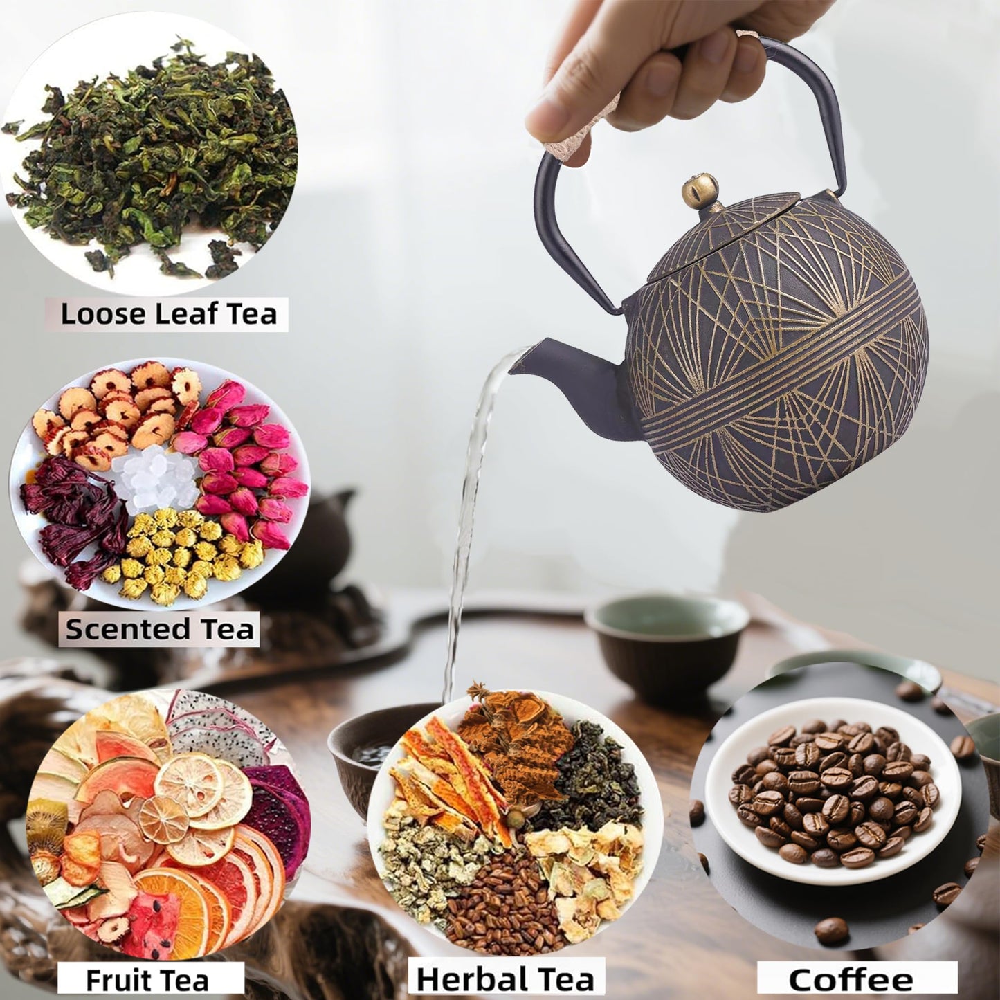 GOTOSOBAY Cast Iron Teapot 34oz with Infuser, Geometric Pattern Enamel