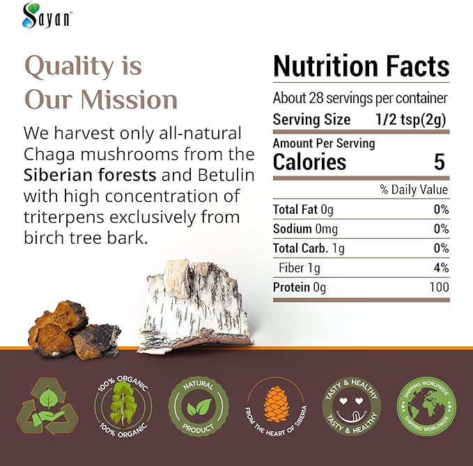 Sayan Siberian Chaga Mushroom Extract with Betulin Powder (2 oz) ??Organic Antioxidant Blend ??Support Immune System & Regulate Body Functions, Energy, Clarity, Wellness ??Mix with Yogurt or Smoothies