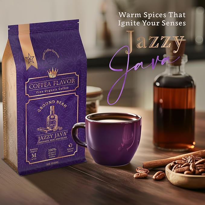 Jazzy Java ??Spiced & Nutty Flavored Ground Coffee ??Organic, Medium Roast, 100% Arabica, Single Origin ??Naturally Flavored ??by Coffea Flavor