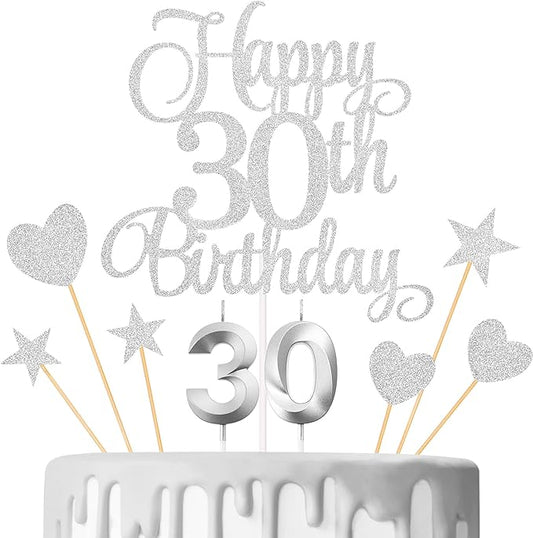 30th Birthday Cake Toppers, 30th Birthday Candles Numeral Candles and Glitter Cake Decorations Toppers Set for Party Supplies (Silver)
