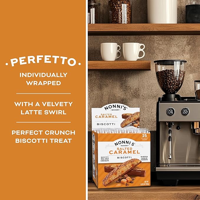 Nonni's Salted Caramel Milk Chocolate Biscotti Cookies ??Individually Wrapped Italian Coffee Snack, Crunchy Twice-Baked, 90 Cal Each, 21 oz Carton, 4 Pack