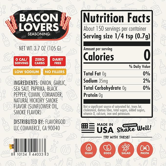 Bacon Lovers Seasoning Mix, 2 Bottles by Flavor God - Premium All Natural & Healthy Spice Blend for Beef, & Eggs - Kosher, Low Sodium, Gluten-Free, & Vegan - Great Flavor Spices and Seasoning Gift