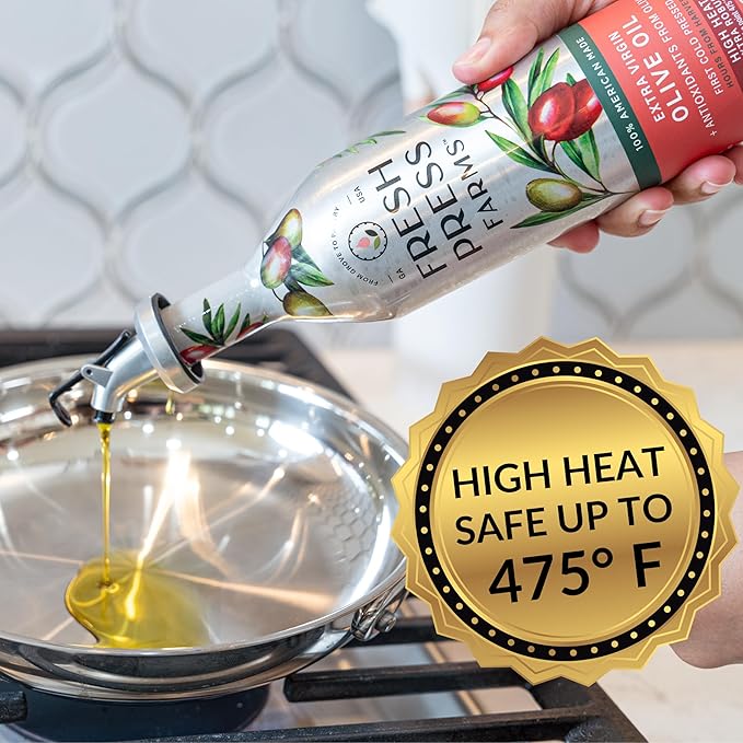 Fresh Press Farms Cold Pressed High Heat Extra Virgin Olive Oil for Pan Frying and Grilling, 16.4 Fl Oz (Pack of 2), Georgia Grown, 100% American Made, Unrefined, Certified Whole30, Non-GMO, Keto, Paleo, Gluten Free
