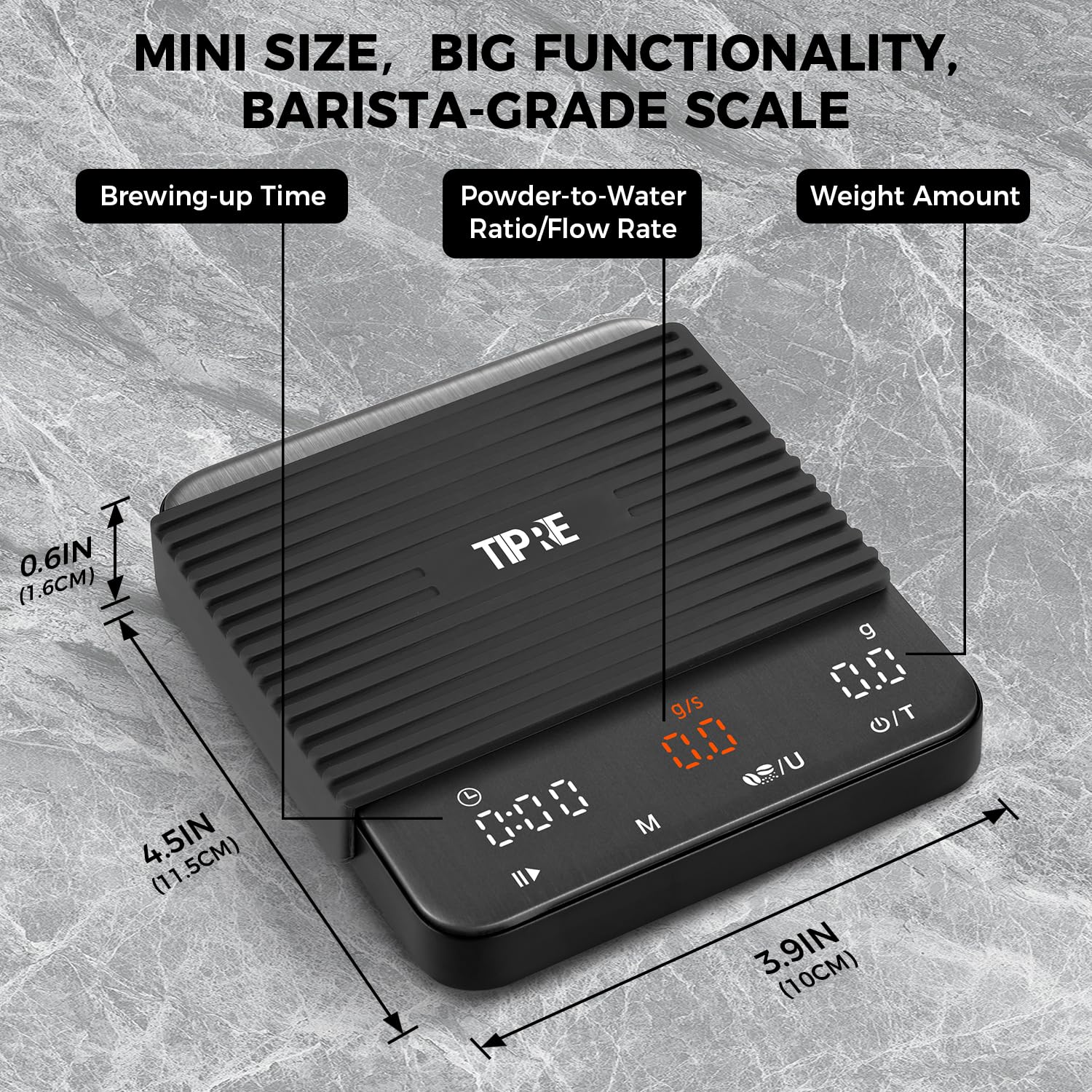 TIPRE Mini Espresso Coffee Scale with Timer & Flow Rate, 2kg/0.1g Precision Digital Coffee Scale