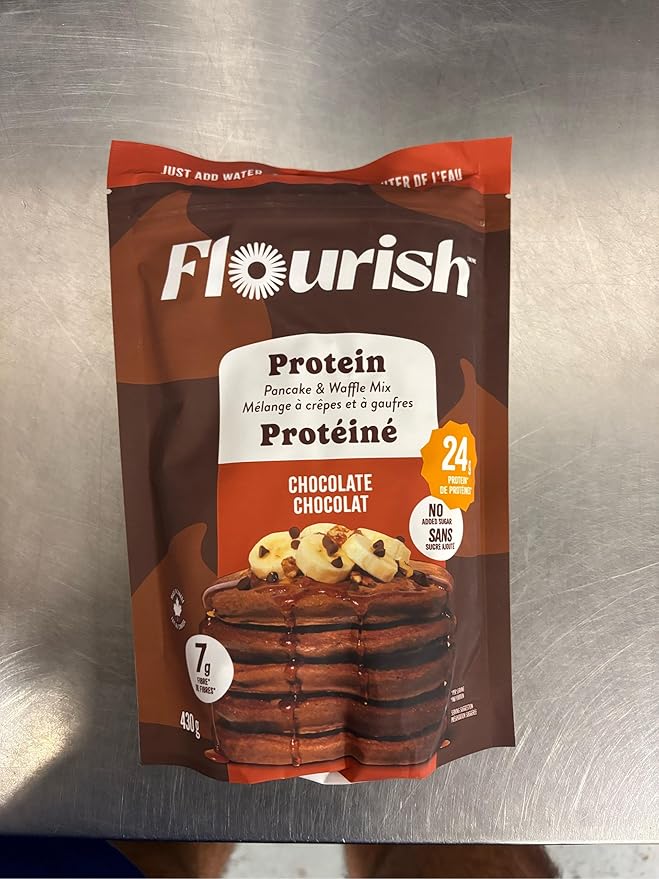 Flourish Protein Pancake & Waffle Mix, with Whey Protein & Flax Seed, No Added Sugar, High in Protein & Fiber - Just Add Water - Chocolate Flavour, 430 g (2 Pack) - Made in Canada