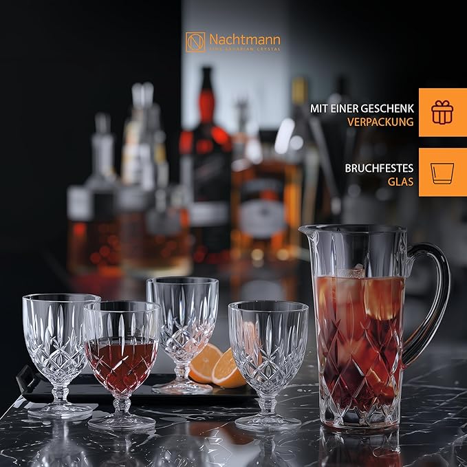 Nachtmann Noblesse Pitcher and Glasses Set | 5 Piece Set Includes 1 Pitcher and 4 All Purpose Glasses | Made of Clear Crystal Glass | Dishwasher Safe