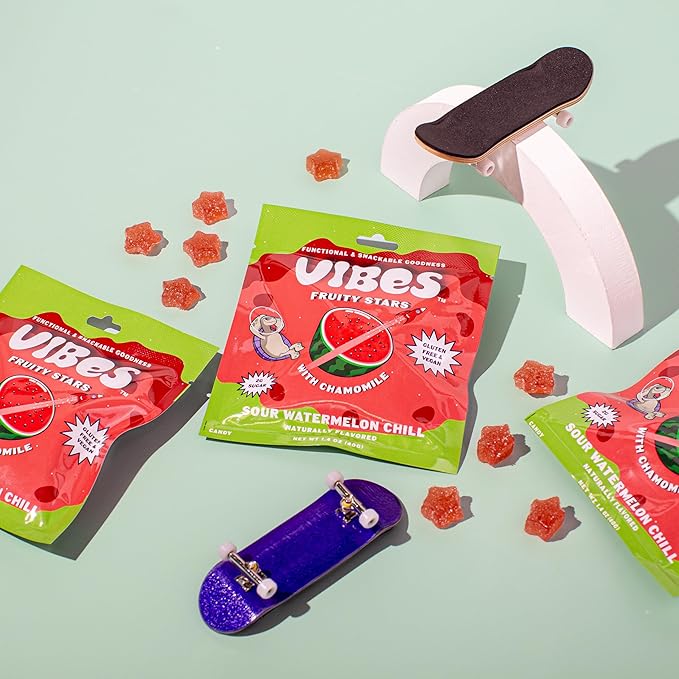 VIBES Sour Watermelon Chill Fruity Stars - Delicious Low Calorie Gluten-Free Bulk Fruit Snacks - High Fiber Healthy Fruit Snacks for Kids, Teens, & Adults -2g Sugar - 6 Packs of 18 Fruit Gummies