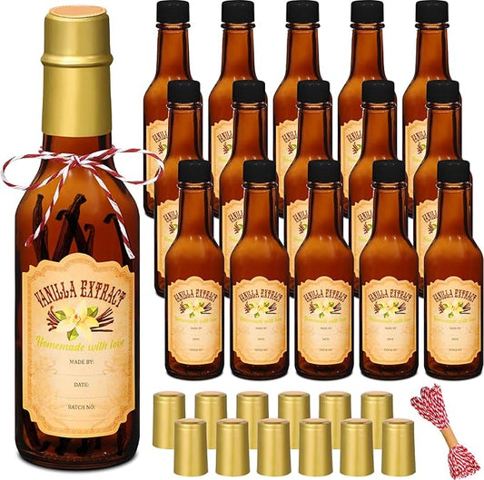 Tioncy 16 Pcs Vanilla Extract Bottles for Homemade Vanilla Jar Glass Bottle with Cap, Shrink Band, Sticker Syrup Gift Food Storage Canister for Bean Sauce Spice