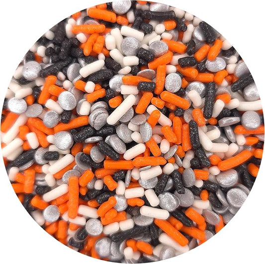 NCS Orange, Black, White Jimmies and Silver Sequin Edible Sprinkles, 8 ounces - Great for Cupcakes, Cookies, Cakes, Cakes Pops, Donuts