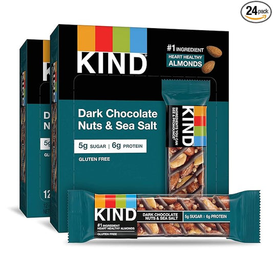 KIND Nut Bars, Dark Chocolate Nuts and Sea Salt, Healthy Snacks, Gluten Free, Low Sugar, 6g Protein, 24 Count