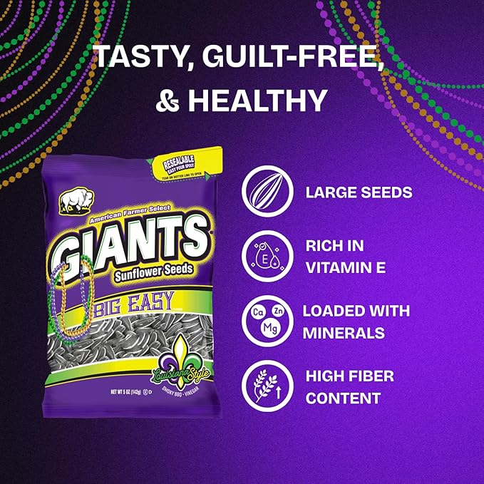 GIANTS Big Easy Sunflower Seeds - Sunflower Seeds to Eat, High Protein Snack, Smoky BBQ & Vinegar, Source of Vitamin E & Fiber Content - 5 oz Resealable Bags (Pack of 3)