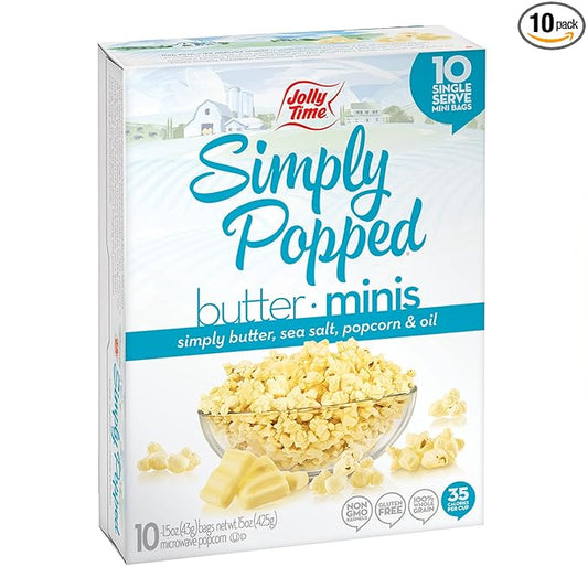 Jolly Time Simply Popped Butter Minis, Lightly Salted Microwave Popcorn, 1.5oz Personal Bag, 10 Bags Per Carton (1.5 Ounce (Pack of 10))