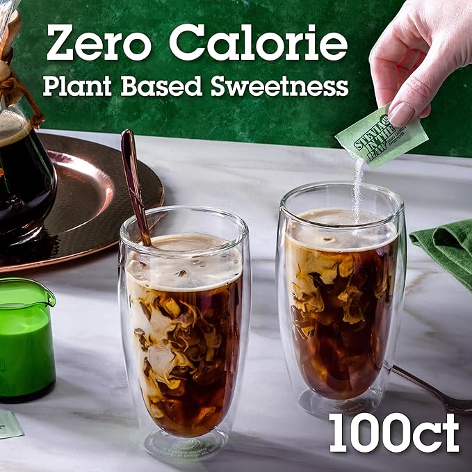 Stevia In The Raw, Plant Based Zero Calorie, No Erythritol, Sugar Substitute, Sugar-Free Sweetener for Coffee, Hot & Cold Drinks, Suitable For Diabetics, Vegan, Gluten-Free, 100Count Packets (1 Pack)