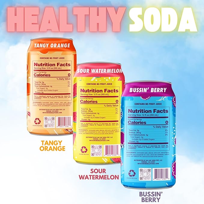 No Cap! Healthy Soda, Zero Sugar Soda Pop Drink, Zero Calories | Caffeine Free, Vegan, Gluten Free, For Kids & Adults 12 Oz, 12 Pack (Variety Pack) Orange,Watermelon & Berry