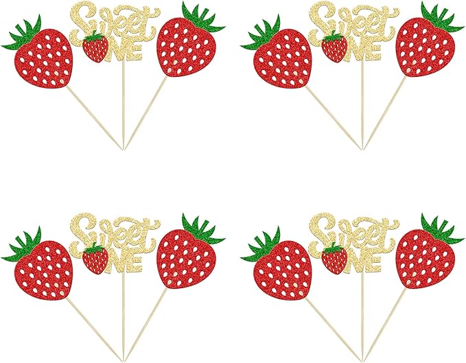 24Pcs Strawberry Sweet One Cupcake Toppers Glitter First Birthday Strawberry Cupcake Picks for Fruit Theme Baby Shower Kids 1st Birthday Anniversary Party Cake Decorations Supplies