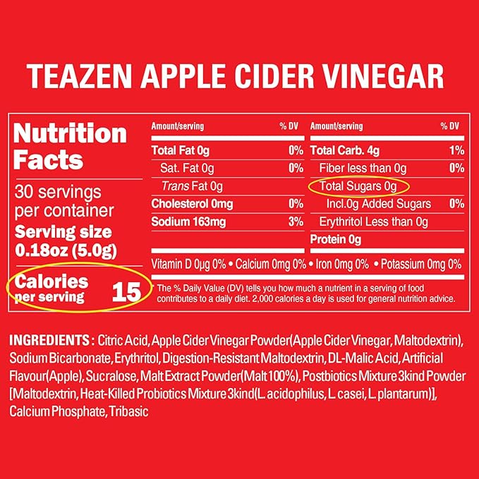 TEAZEN Apple Cider Vinegar Drink Powder Stick ??On-the-Go Wellness with 1500mg ACV, Sugar-Free, Postbiotics, 30 Sticks | Supports Digestion & Metabolism