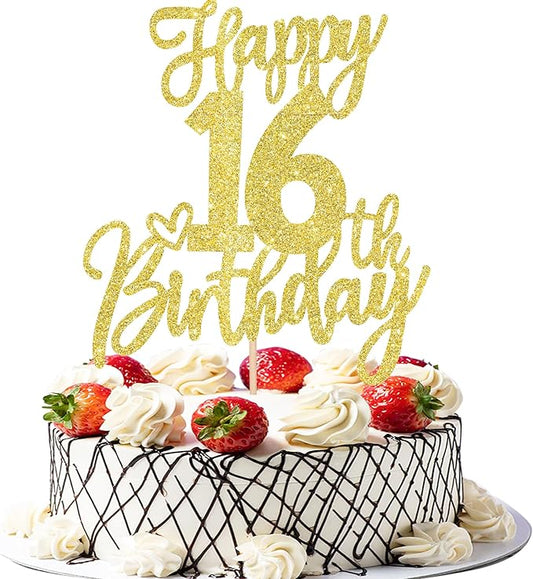 1 PCS Happy 16th Birthday Cake Topper Glitter Cheers to 16 Years Birthday Cake Pick Sixteen Sweet 16 Cake Decoration for Happy 16th Birthday Anniversary Theme Party Decorations Supplies Gold