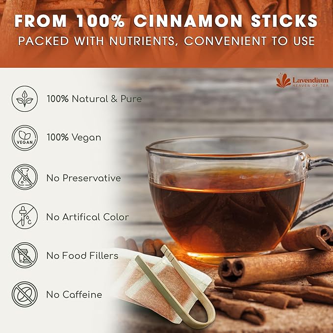 Lavendium, 30 Pure Cinnamon Tea Bags, Made of 100% Natural Cinnamon Sticks, Herbal Tea, No Additives, No Caffeine, No Gluten, Vegan.