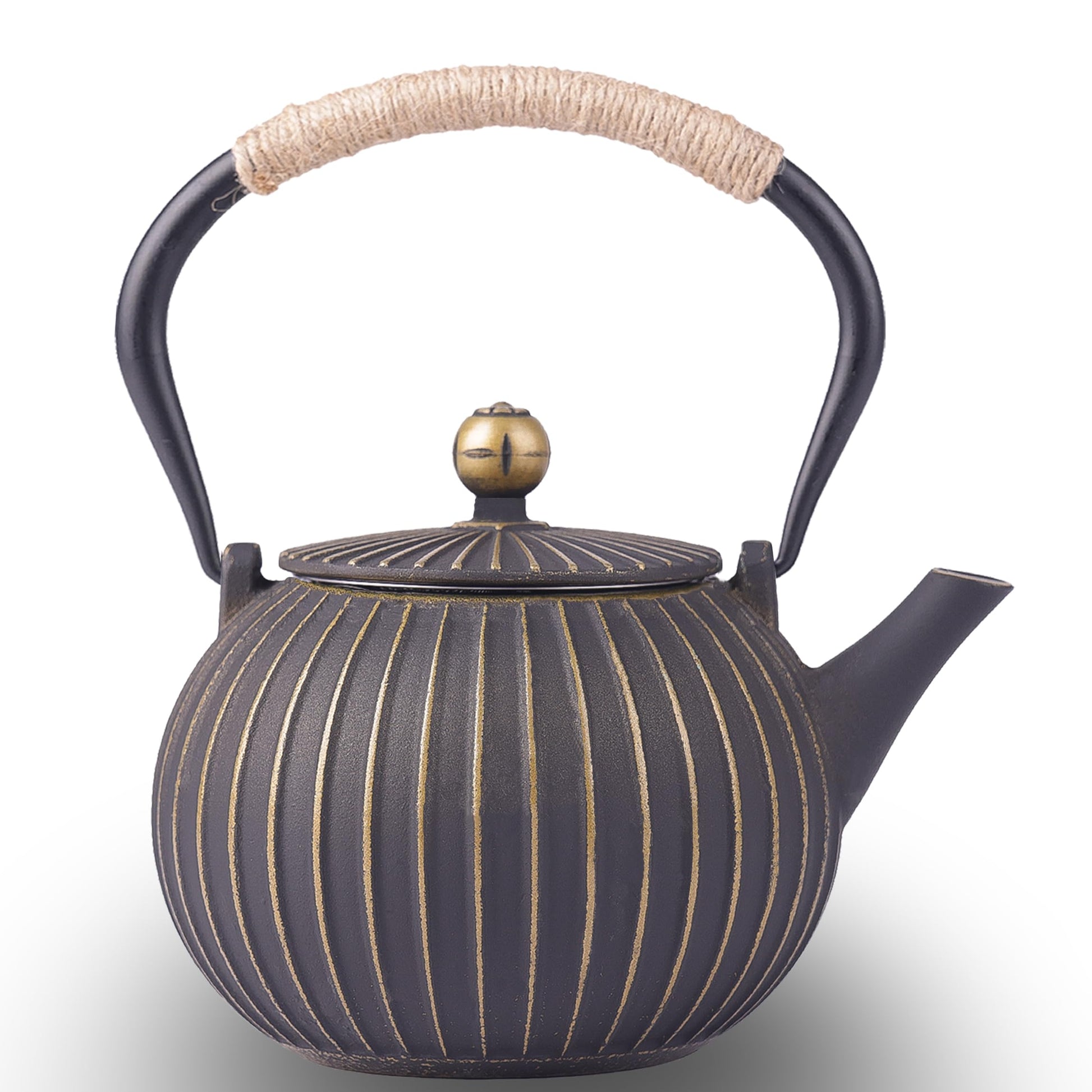 KalraMay Cast Iron Teapot 40oz Infuser, Black Gold Stripe Enamel Lining