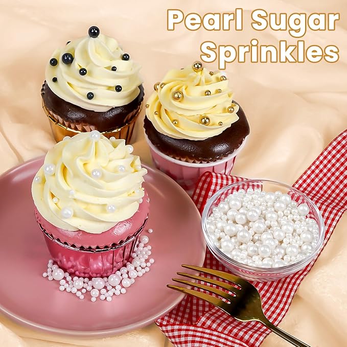 Sprinkles for Cake Decorating, Gold Silver White and Black Pearl Sprinkles, Edible Pearl, Mix Sprinkles for Cake Decorations, Cupcake Toppers, Ice Cream, 110g/3.88oz