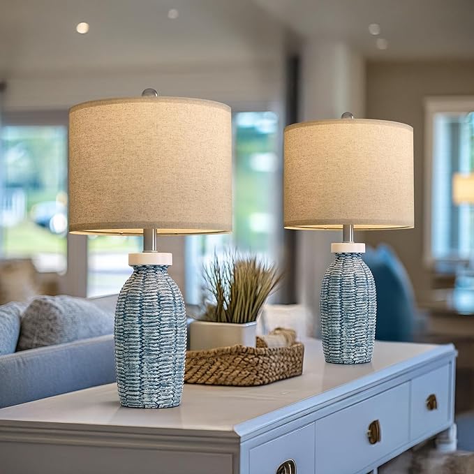 22.75" Table Lamps for Bedroom Living Room Boho Lamp Set of 2 Farmhouse Lamp Bedside Nightstand Small Rustic Vintage Retro Modern Table Lamp Light Home Office Desk Deco Gifts, Blue