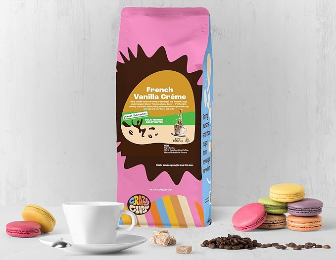 Crazy Cups Decaf Flavored Ground Coffee, French Vanilla Cr챔me, in 10 oz Bag, For Brewing Flavored Hot or Iced Decaf Coffee
