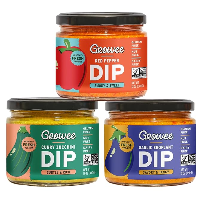 Growee Vegan Dip Pack ??Plant-Based Queso, Nut-Free, Mayo & Dressing Alternative ??Dairy-Free & Gluten-Free ??3 Flavor Variety: Red Pepper, Garlic Eggplant, Curry Zucchini