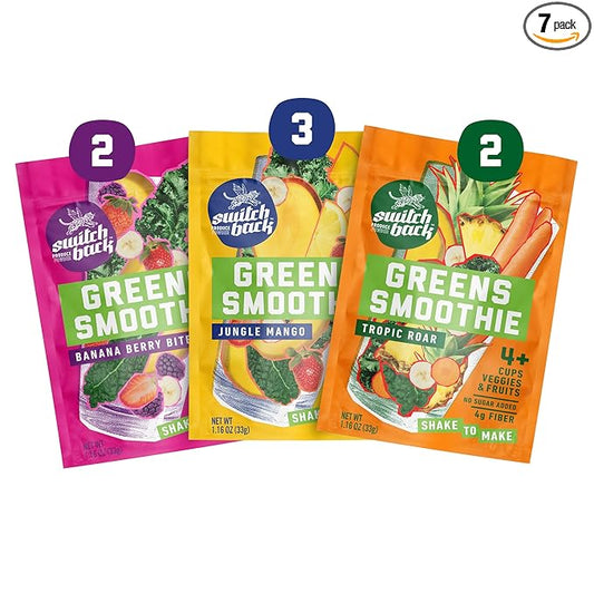 Switchback Greens Smoothie Powder, Shake to Make, Family Founded, Gluten Free Mix for Water, Juice or Milk, Made with Freeze Dried Fruit and Veggies, Green Drink for Energy Boost, Vegan, Plant Based, 4.5g Fiber, 7 Packets - Variety Pack