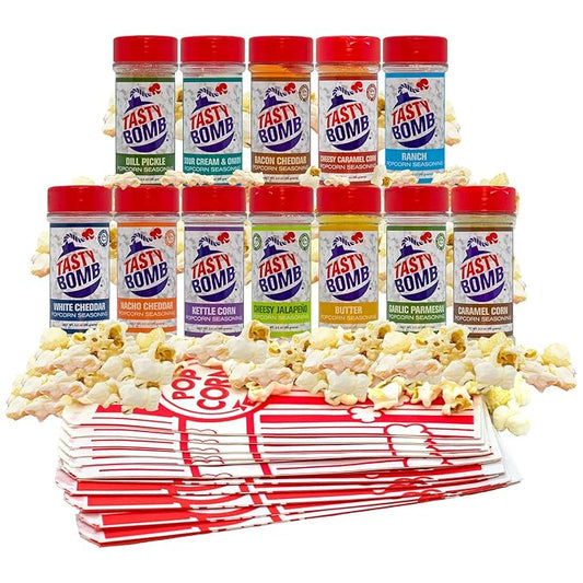 Flavorful Popcorn Seasoning Variety Pack ??12 Seasonings in White Cheddar Cheese, Ranch, Sour Cream ??Gluten-Free Keto Snack for Movie Nights & Gifts by Tasty Bomb, 2.8-3 Oz.