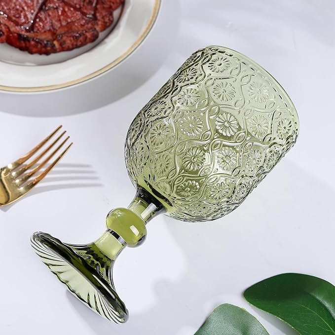 Joeyan Vintage Glass Wine Goblet,Green Embossed Floral Stemmed Wine Glasses,Colored Drinking Cups,Heavy-Duty Glassware for Wedding Party Bar,12 oz,Set of 4,Dishwasher Safe