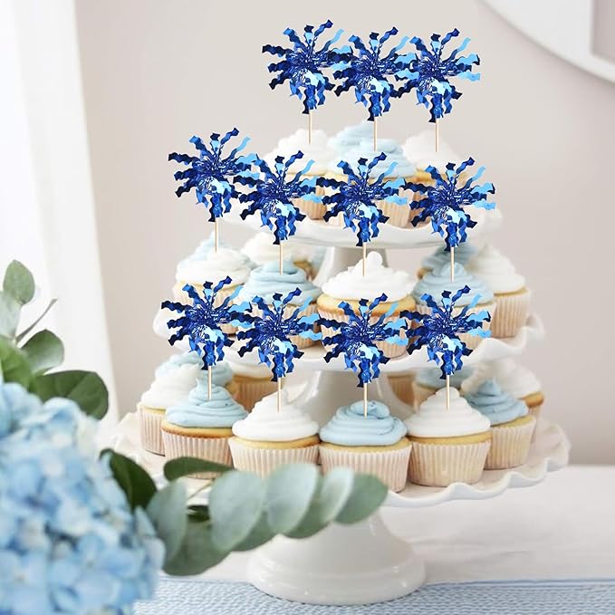 Rsstarxi 30 Pack Foil Firework Cupcake Toppers Blue Sparkle Tinsel Drink Cake Decorations Cocktail Food Toothpicks for Happy Valentine's Day Birthday Wedding Graduation Party Decorations