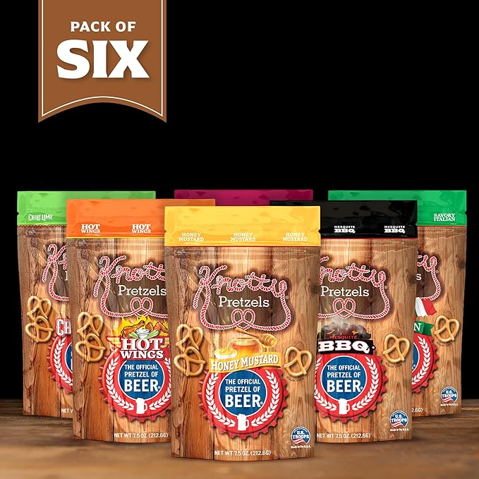 Knotty Pretzels - "The Official Pretzel of Beer" 7.5 Ounce Pretzel in Resealable Snacks Bags - Variety Pack (6 Pack)