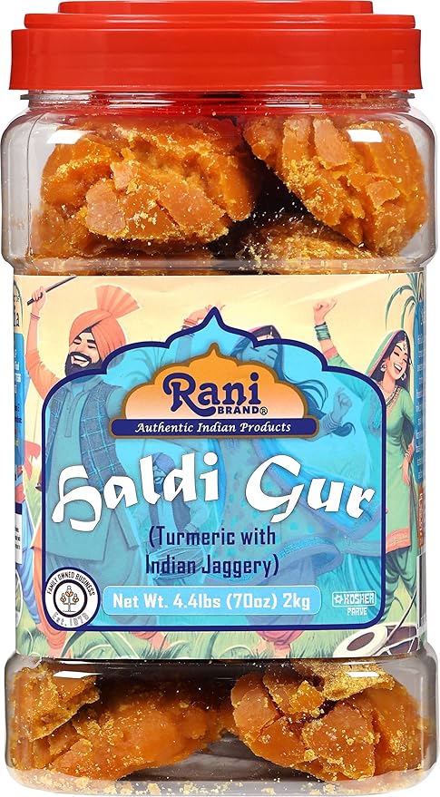 Rani Haldi Gur (Turmeric with Indian Jaggery) Indian Unrefined Raw Cane Sugar 70oz (4.4lbs) 2kg PET Jar ~ Gluten Friendly | Vegan | NON-GMO | Kosher | No Salt or fillers | Indian Product