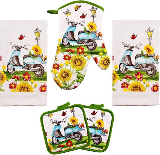 Lobyn Value Packs - Sunflowers & Butterflies & Blue Scooter: 5 Piece Kitchen Towel Set with 2 Decorative Dish Towels (25x15), 1 Oven Mitt and 2 Potholders (6 1/2 Sq)