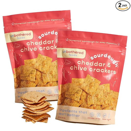 Unbothered Foods Cheddar & Chive Sourdough Crackers - Gut-Friendly & Easy to Digest, Non-GMO, No Added Sugar, Nut-Free, Perfect for Cheese & Snacks, 100% Naturally Fermented (2 Pack)