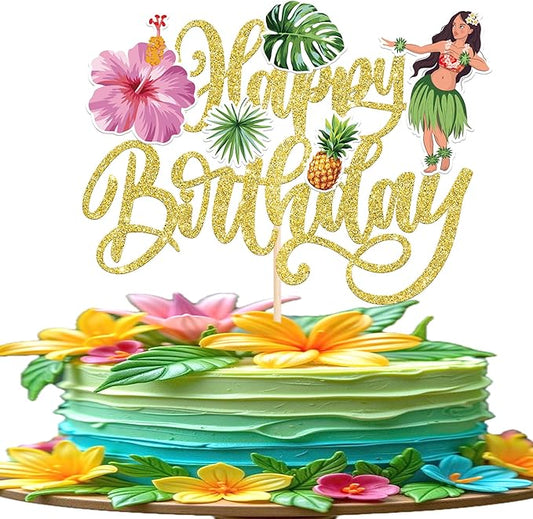 Rsstarxi 1 Pack Hawaii Luau Birthday Cake Topper Tropical Hula Aloha Turtle Leaves Birthday Cake Pick for Summer Hawaiian Tropical Theme Baby Shower Party Cake Decorations Supplies