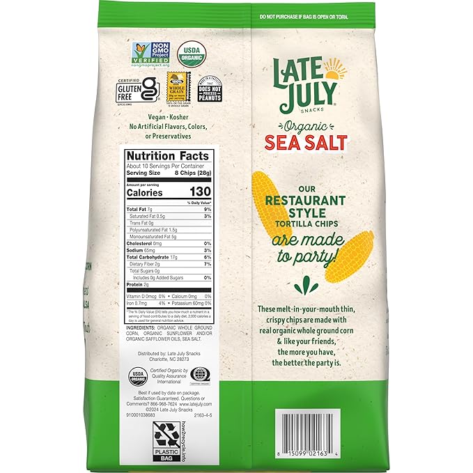 Late July Sea Salt Organic Tortilla Chips, 10.1 Oz Bag (Pack of 2)