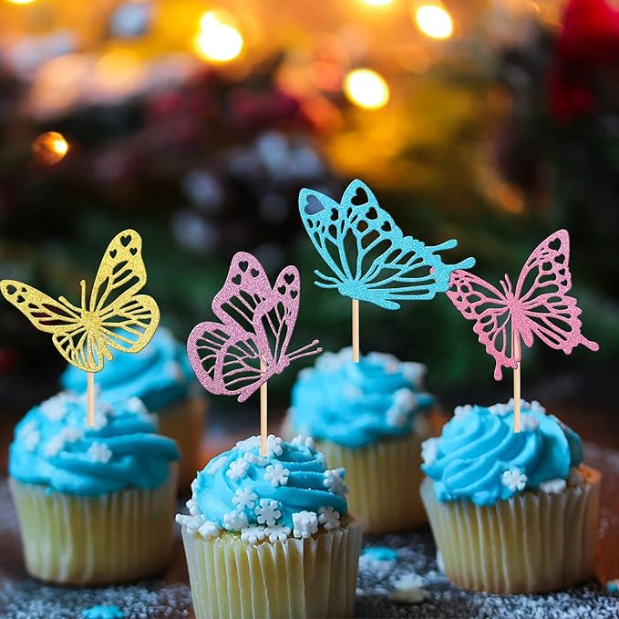 Rsstarxi 24 Pack Multicolor Butterfly Cupcake Toppers Glitter Assembled Butterfly Baby Shower Cupcake Picks for Wedding Engagement Bridal Shower Kids Birthday Party Cake Decorations