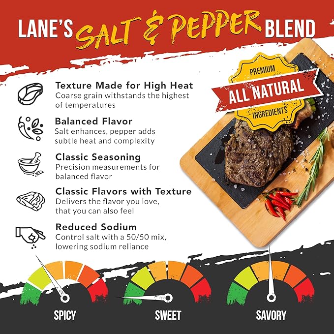 Lane's BBQ Salt and Pepper 50/50 | Coarse Salt and 16 Mesh Black Pepper | Bulk Spices | Gluten-Free | 12.5oz Bottle