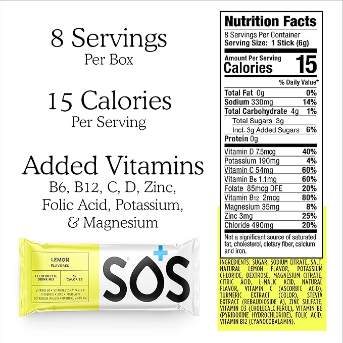 SOS Hydration Electrolyte Powder 8 Stick Packs ??Low-Calorie, Rapid Rehydration, Made in USA, Keto (8 Servings, Lemon)