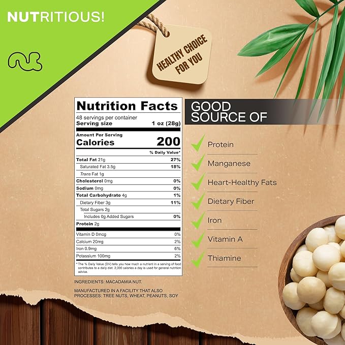 NUT CRAVINGS - Raw Macadamia Nuts, Unsalted, Shelled, and Halved, (48oz - 3 LB) Bulk Nuts Packed Fresh in Resealable Bag - Kosher Healthy Snack, Food Assortments