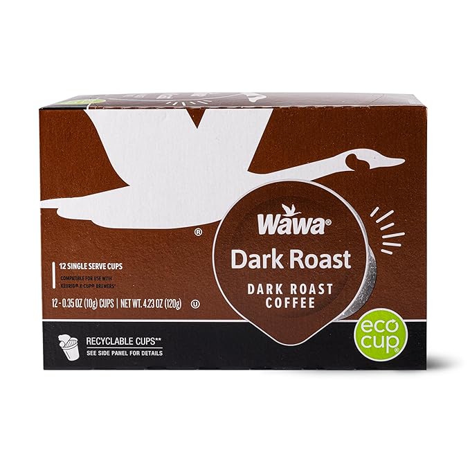 Wawa Dark Roast Single Cup Coffee Pods, 12 Pods, 1 Box, Full Bodied Blend, Spicy & Smoky Notes, Single Serve, Bold & Complex, 100% More Responsibly Sourced from Rainforest Alliance Certified Farms