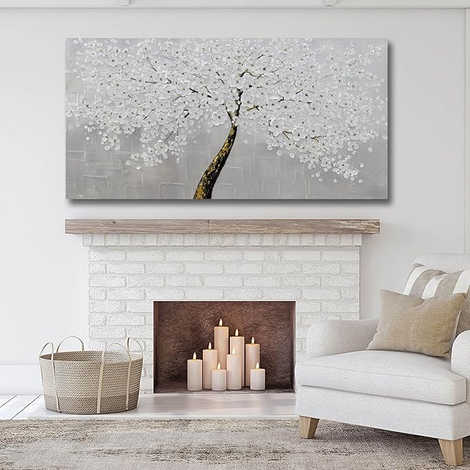 VAYIMDH Botanical Wall Decor for Living Room White with Gold Painting on Canvas Floral Wall Art Nature Artwork for Office Home 29"x 58" Hand Painted