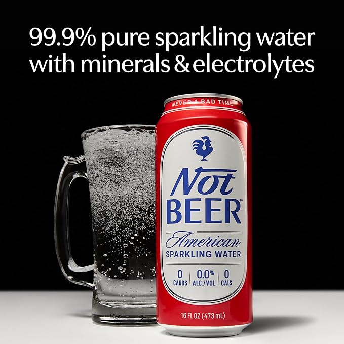 Not Beer American Sparkling Water, Original, 99.9% Pure, Mineral & Electrolyte Blend, Unflavored Carbonated Water, Made in America, Plain Sparkling Water, 16 Oz Tallboy Cans, 8 Pack