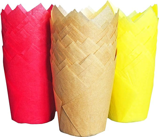 Large Greaseproof paper Wrappers Muffin Baking cupcake cups liners, 2-1/4" x 4" Natural,Red,Yellow 3 colours in a box Tulip Baking Cups Holders 125 pcs (Large) (125, Multi Red,Yellow,Natural)