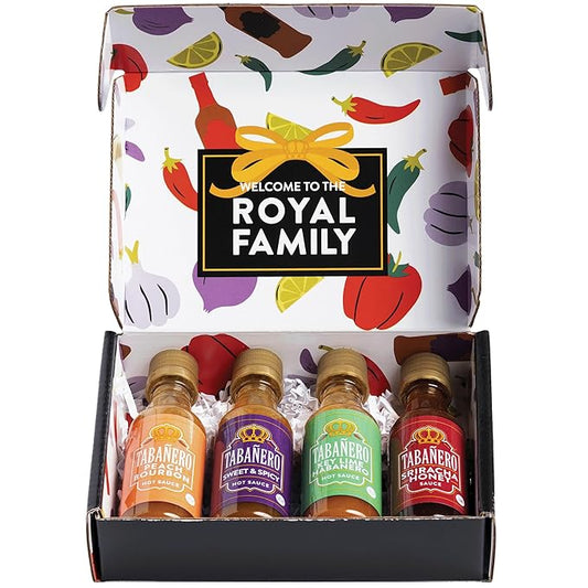 Taba챰ero Variety Hot Sauce Gift Set, 4 Pack, Kit Includes Peach Bourbon, Sriracha Honey, Key Lime Habanero, Sweet & Spicy, 1.7 oz Mini Glass Bottles, All Natural, Gluten Free, Low Sodium, Vegan, Kosher, Made in the USA