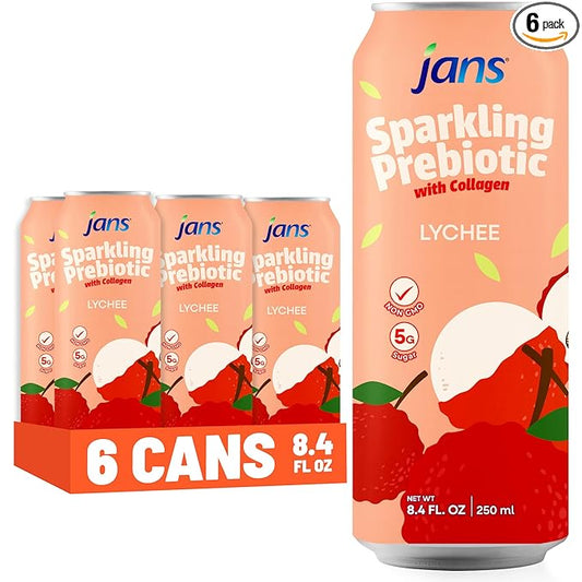 Jans Sparkling Prebiotic with Collagen Soda Beverage ??Lychee 8.4 Fl Oz (6-Pack) ??Low Calorie, NO