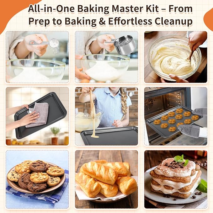 18 Pcs Baking Sheet Pan Sets,Non-Stick Carbon Steel Bakeware Sets,Stainless Steel Measuring Cups and Spoons,Oven Mitts and Pot Holders,Stackable Baking Sheets for Baking,Kitchen Gadgets