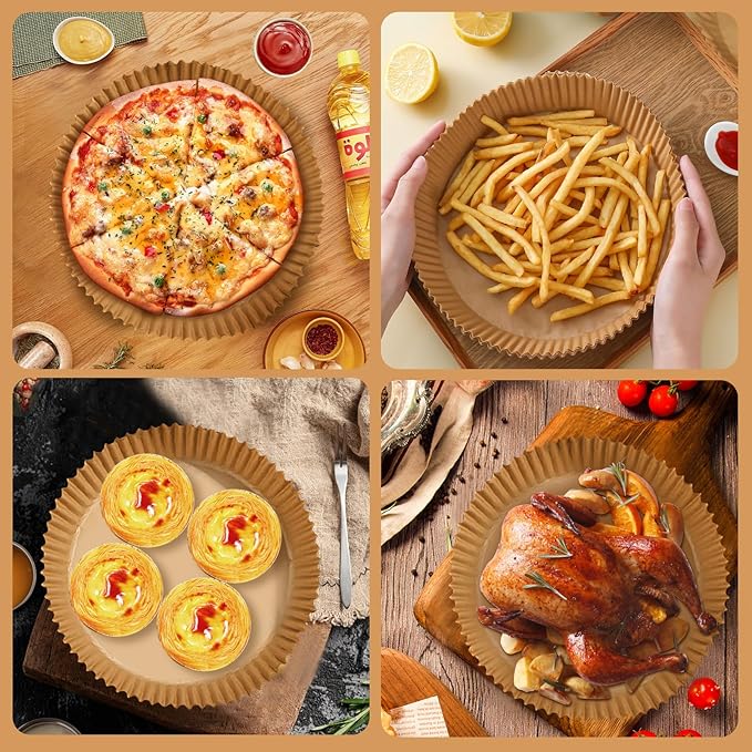 200PCS Air Fryer Liners Disposable: Round 7.9 Inch Non-Stick Airfryer Paper Liners - Food Grade Parchment Paper for 5 6 7 8 QT Air Fryer Baking and Roasting - Waterproof and OilProof (10 Inch on Top)